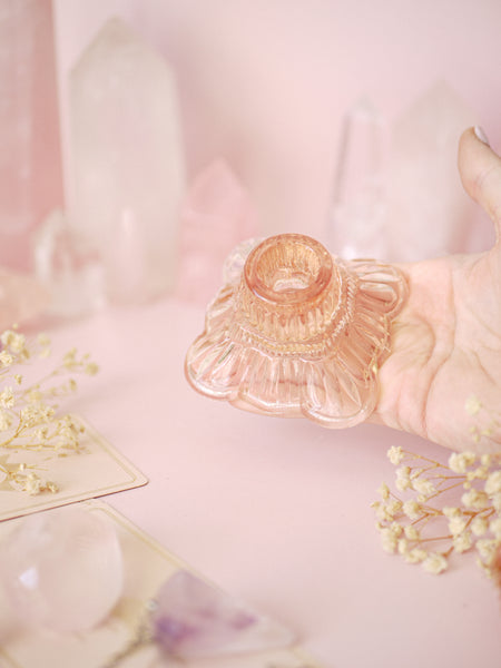 Peachy Pink Vintage Glass Candlestick Holder | Sphere Stand Square Base