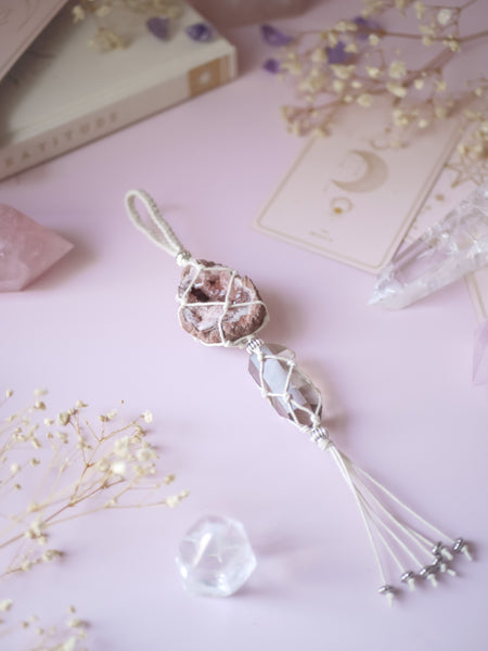 Double Crystal Hanging | Pink Amethyst & Smoky Quartz