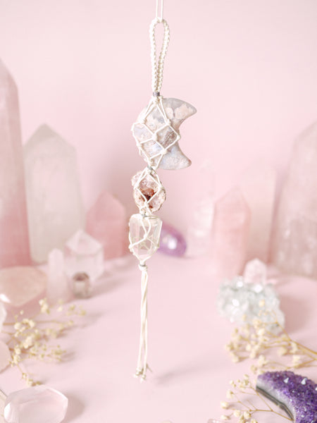 Lunar Flower Agate, Pink Amethyst, Clear Quartz Hanging
