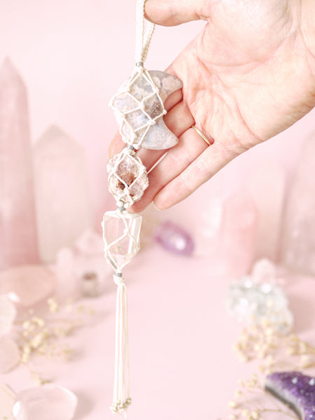 Lunar Flower Agate, Pink Amethyst, Clear Quartz Hanging