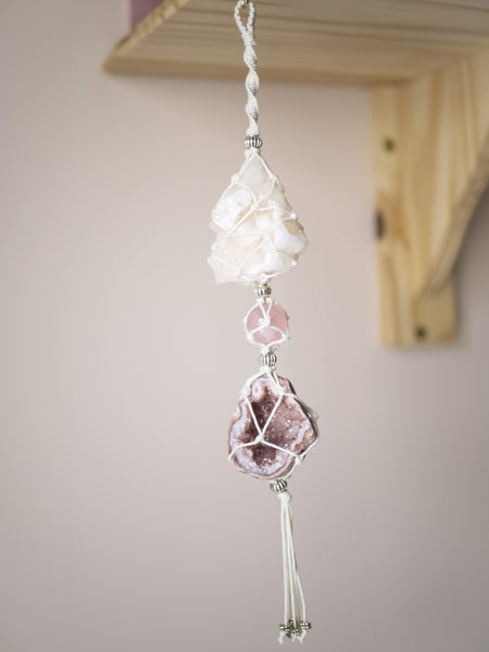 Triple Crystal Macramé Hanging | Pink Halite, Rose Quartz, Pink Amethyst