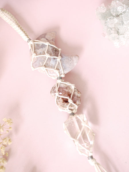 Lunar Flower Agate, Pink Amethyst, Clear Quartz Hanging