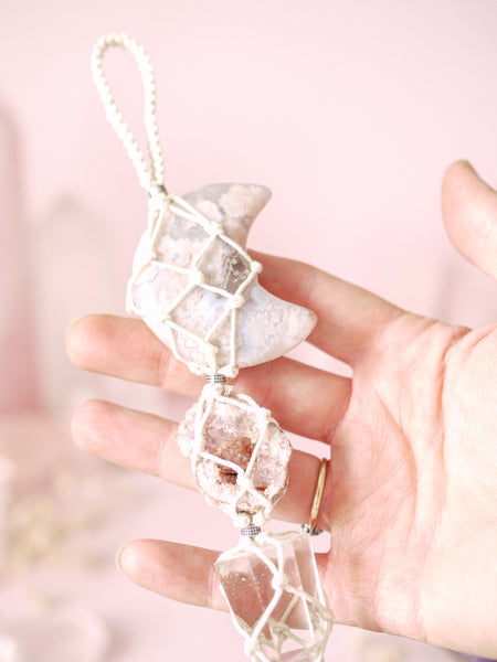 Lunar Flower Agate, Pink Amethyst, Clear Quartz Hanging