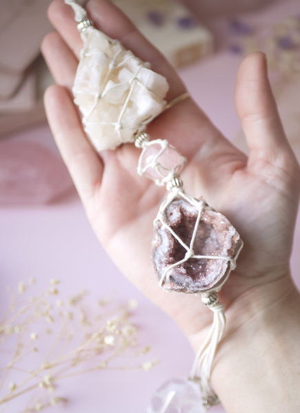 Triple Crystal Macramé Hanging | Pink Halite, Rose Quartz, Pink Amethyst