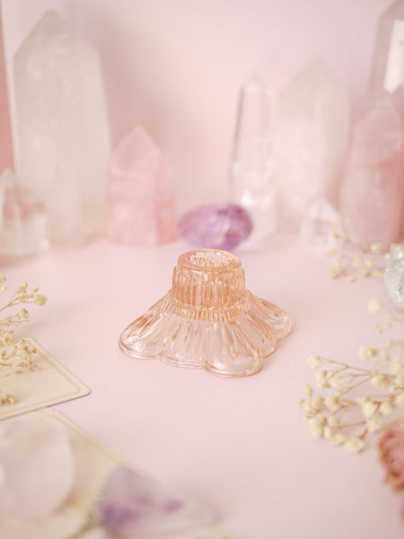 Peachy Pink Vintage Glass Candlestick Holder | Sphere Stand Square Base