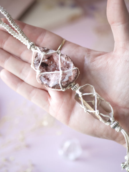 Double Crystal Hanging | Pink Amethyst & Smoky Quartz