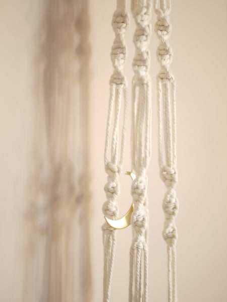 Large Vintage Brass Pot in Cream Macramé Moon Hanging