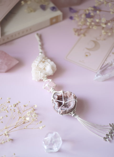 Triple Crystal Macramé Hanging | Pink Halite, Rose Quartz, Pink Amethyst