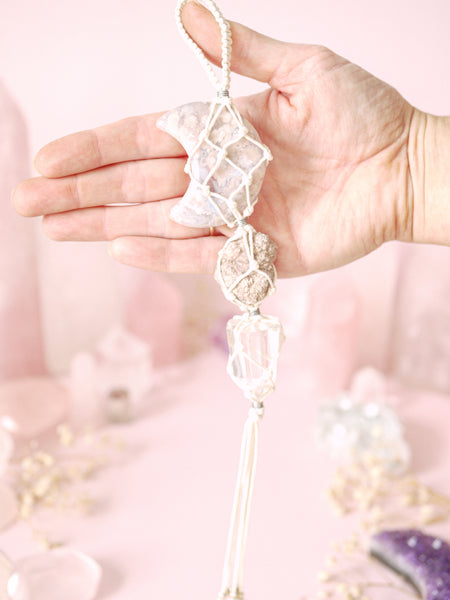 Lunar Flower Agate, Pink Amethyst, Clear Quartz Hanging