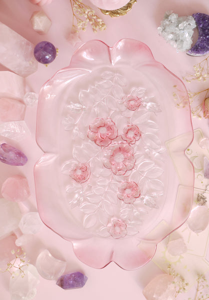 Vintage Mikasa Glass Pink Floral Tray
