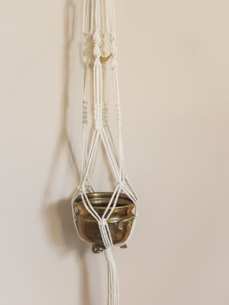Large Vintage Brass Pot in Cream Macramé Moon Hanging