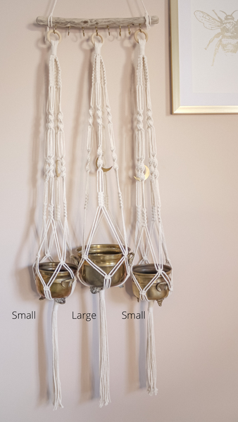 Large Vintage Brass Pot in Cream Macramé Moon Hanging