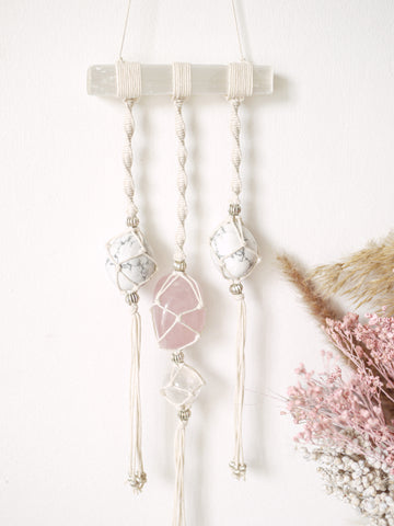 Large Dreamy Selenite, Rose Quartz, Howlite & Rainbow Clear Quartz Hanging