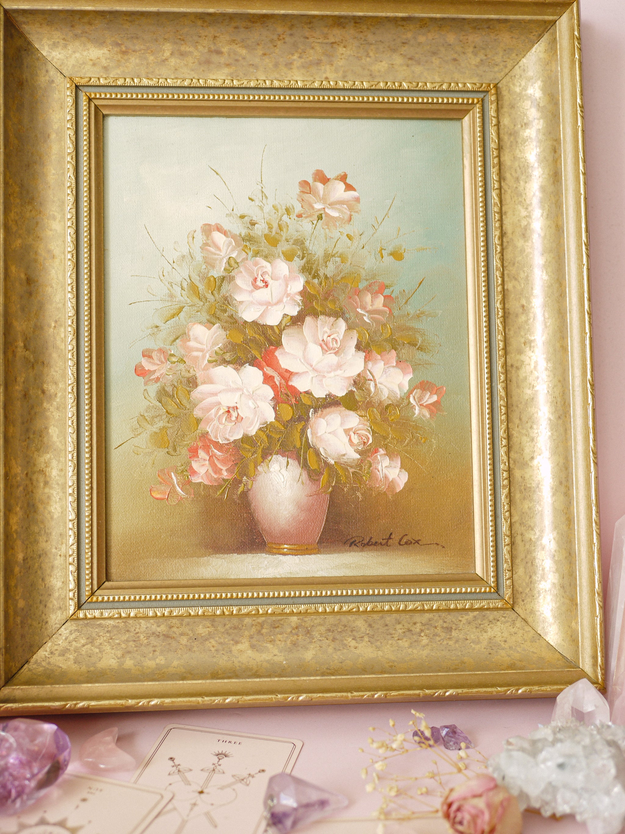 Robert Cox Original Oil Painting of Pastel Pink Floral Arrangement