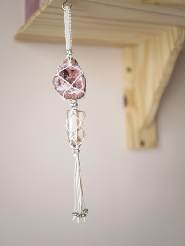 Double Crystal Hanging | Pink Amethyst & Smoky Quartz