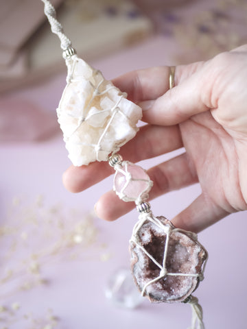 Triple Crystal Macramé Hanging | Pink Halite, Rose Quartz, Pink Amethyst